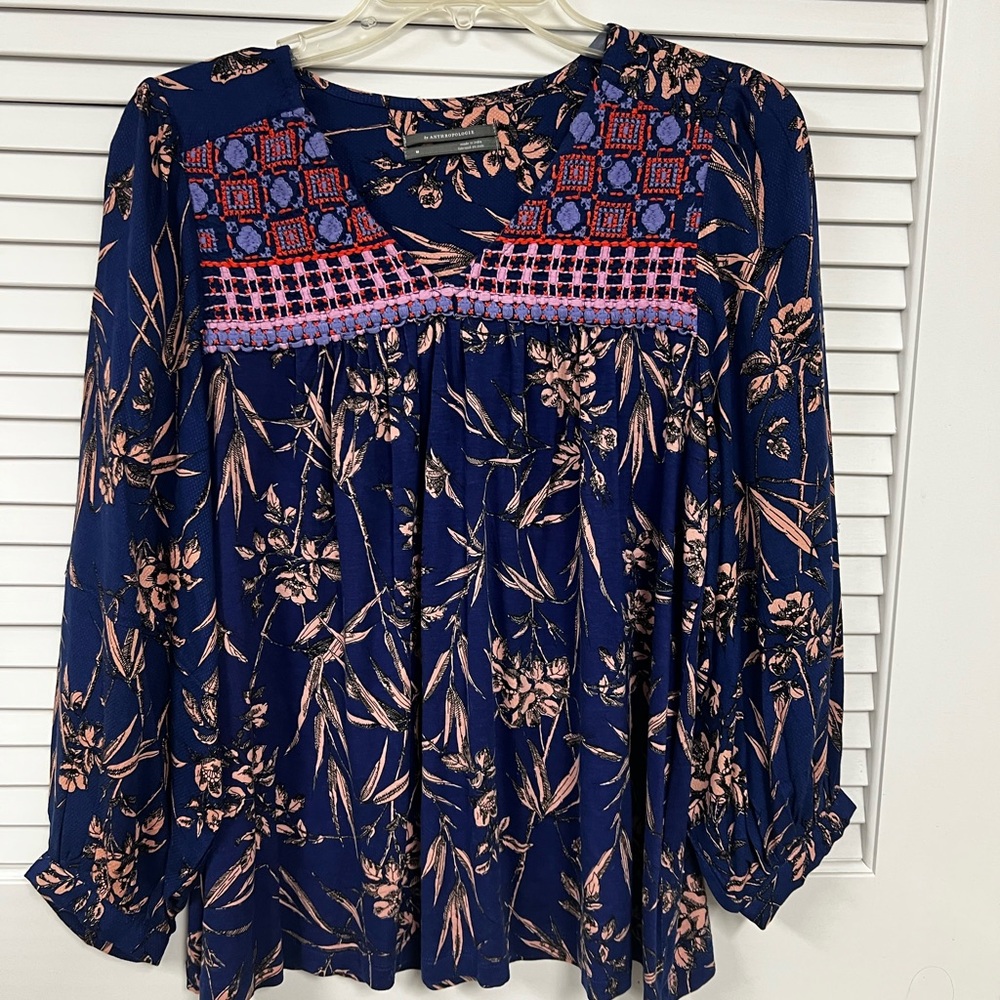 Anthropologie Blue and Pink Floral Blouse